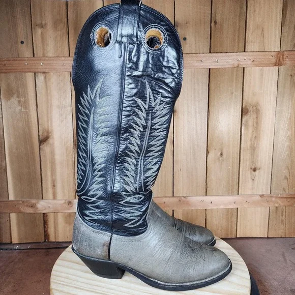 Vintage Nocona Buckaroo Tall Boots Mens 9.5 D Black Gray Leather Western Cowboy
